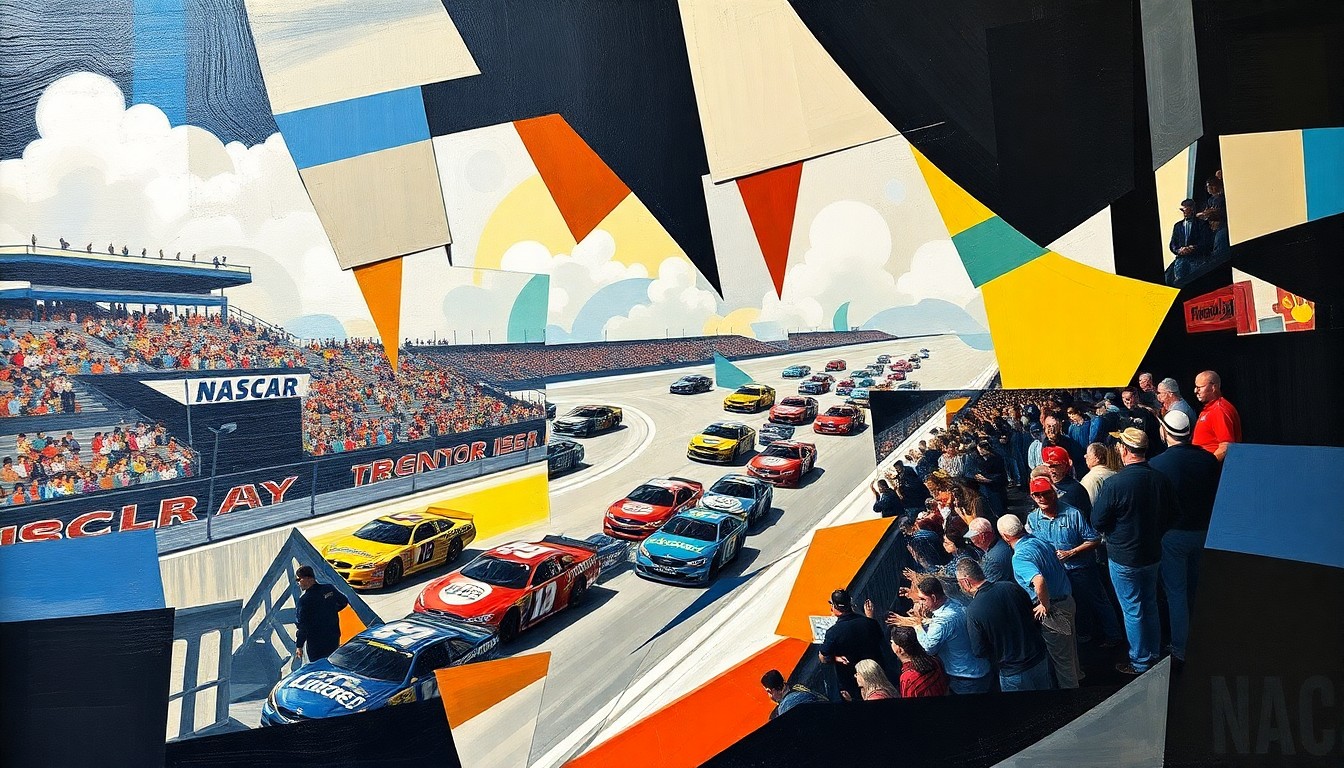 A cubist painting depicting a NASCAR race scene, with cars, drivers, and spectators all represented through sharp, overlapping geometric shapes and planes, conveying the chaos and energy of the event.