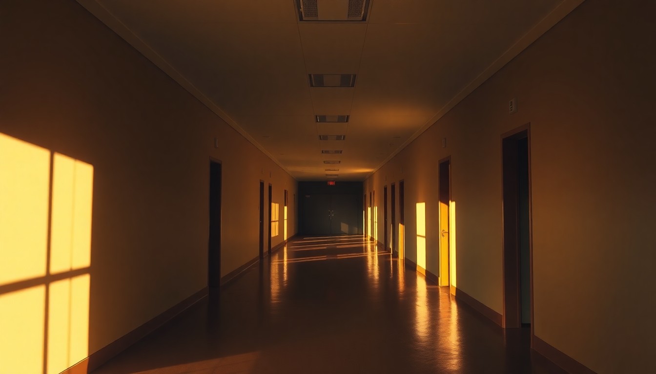 A dimly lit, empty school hallway with long shadows cast across the floor, evoking a sense of isolation and the absence of student activity, conceptually representing the rollback of policies intended to safeguard transgender youth in educational settings.