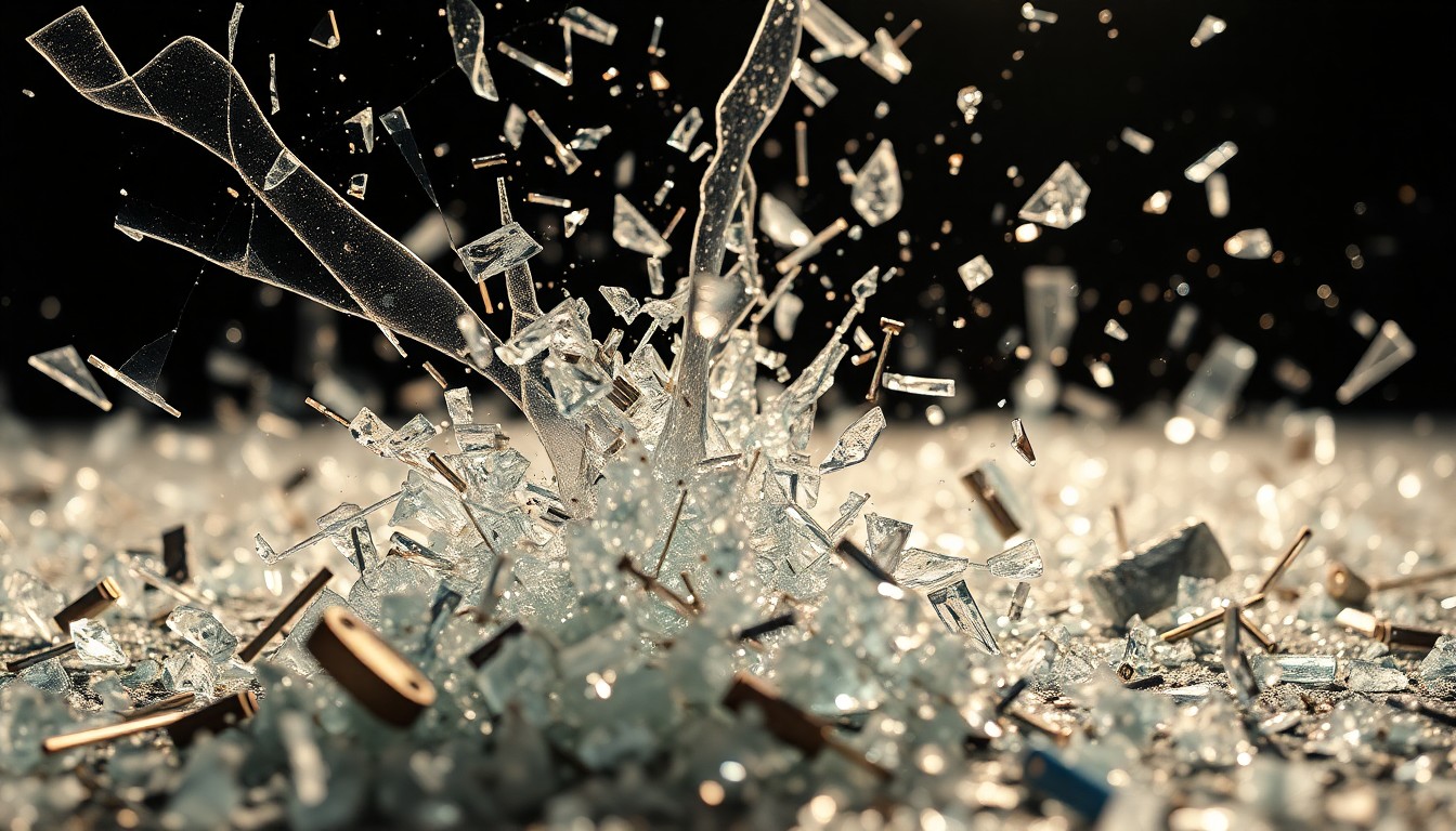 An abstract, high-contrast close-up photograph of shattered glass and metal fragments, conveying a sense of violence and disruption without depicting any specific individuals or locations.