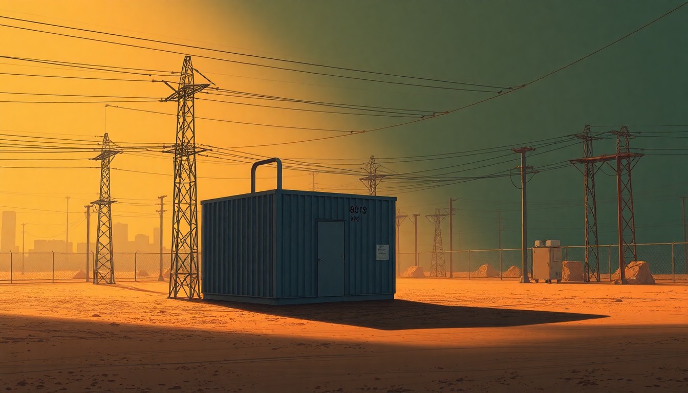A cinematic painting of an abandoned power substation in an urban setting, with warm sunlight and deep shadows creating a sense of political tension and unease.