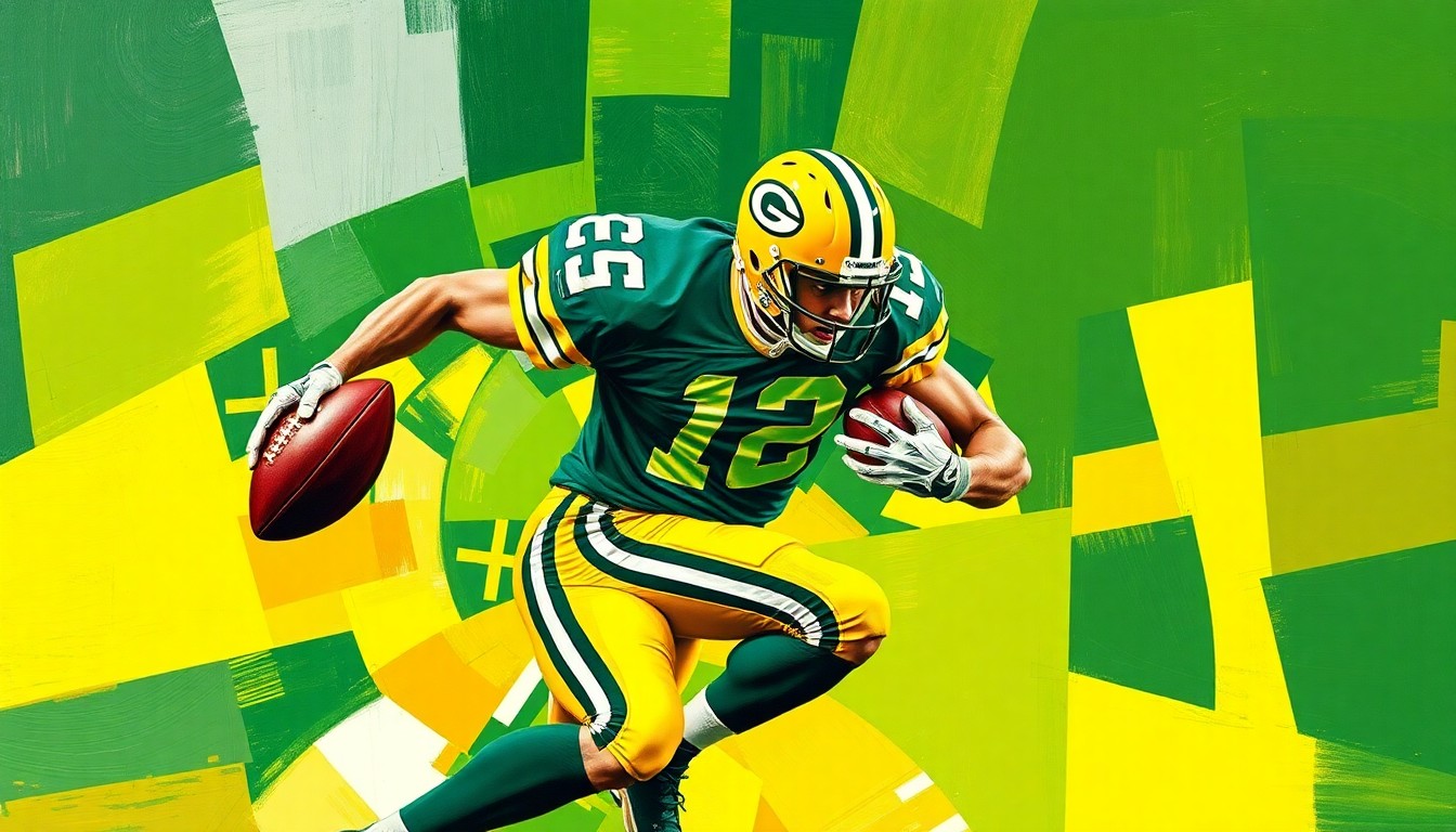 A cubist-style painting depicting a football player in motion, broken down into overlapping geometric shapes in the Packers' team colors of green, gold, and navy blue.