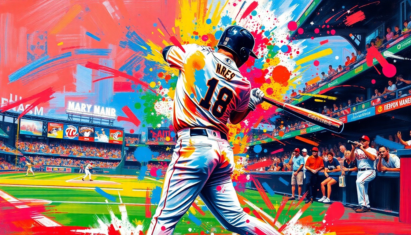 An abstract, expressionist painting in vibrant neon colors depicting the powerful, explosive motion of a baseball player hitting a home run, with the player's form dissolving into unrecognizable splatters of paint against a fading background of a baseball diamond.