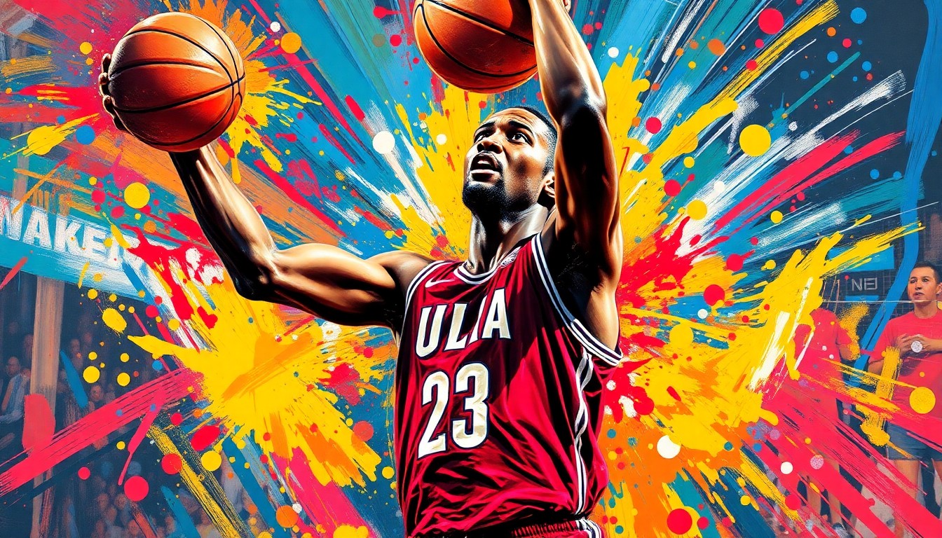 An abstract, expressionist painting featuring vibrant neon brushstrokes and splatters of color that capture the dynamic movement and scoring energy of a basketball player driving to the hoop, conceptually representing Nickeil Alexander-Walker's standout performance for the Atlanta Hawks.