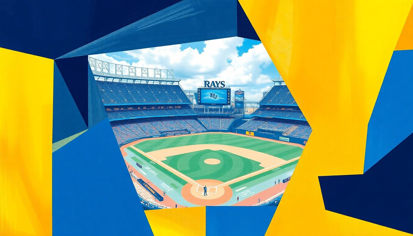 A fractured, multi-perspective painting in bold navy blue, powder blue, and gold colors, breaking down a Rays baseball game at Tropicana Field into sharp, overlapping geometric shapes and planes, conceptually representing the team's emotional homecoming.
