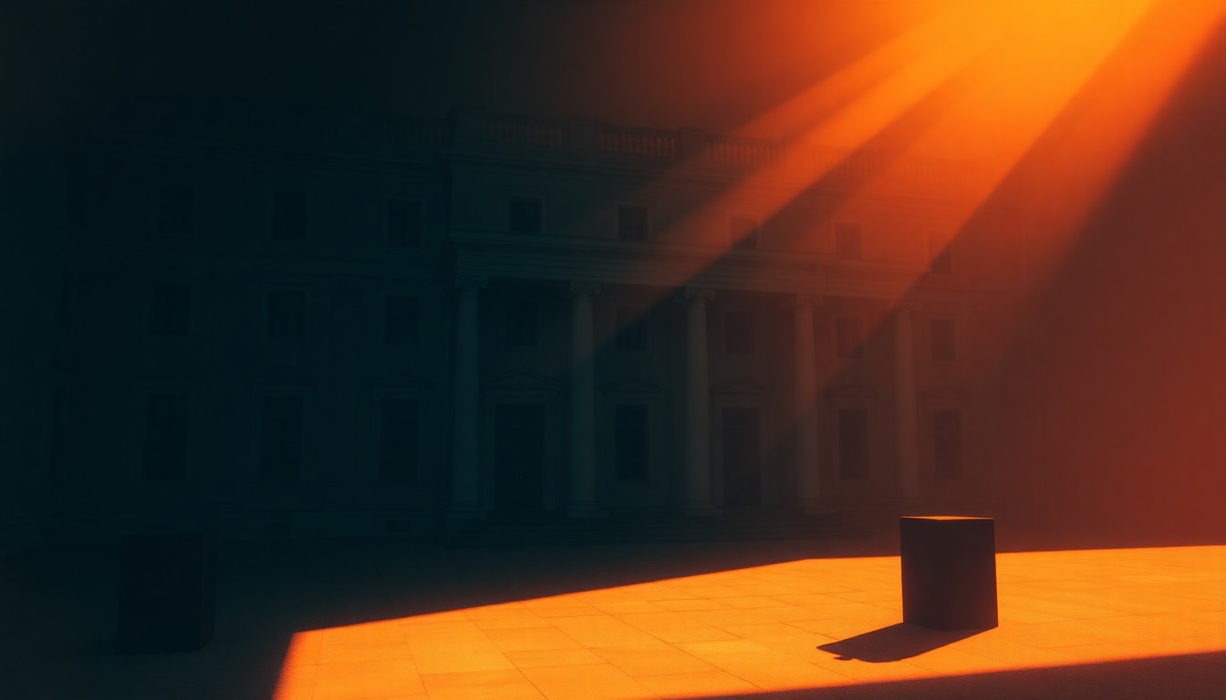 A dimly lit, cinematic painting of a solitary Hungarian government building or political office space, with warm sunlight streaming in through the windows and deep shadows casting an ominous mood over the scene, conceptually representing the uncertain future of democracy in Hungary.