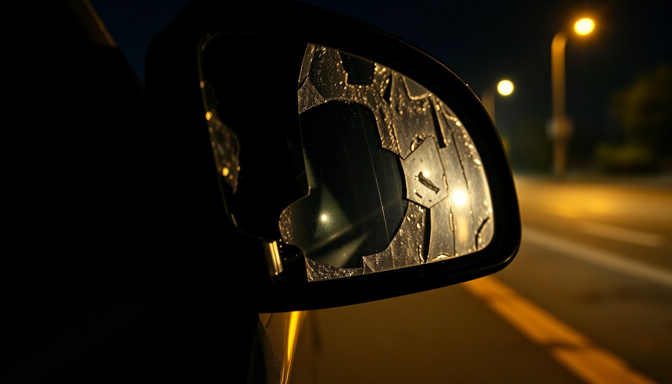 An extreme close-up photograph of a shattered car side mirror reflecting a dim streetlight, conveying the gritty aftermath of a pedestrian collision without depicting any graphic violence.