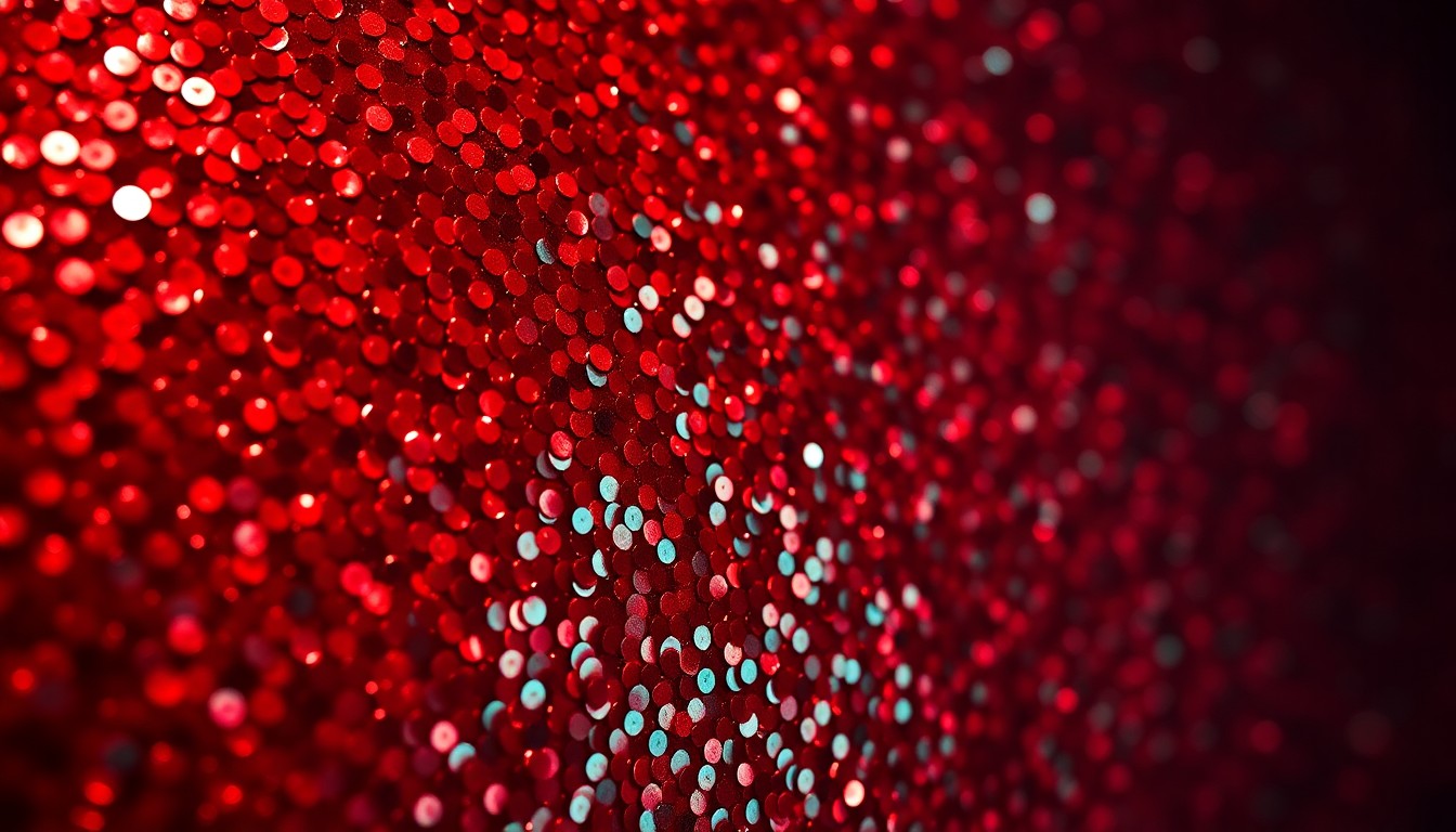 An extreme close-up photograph of a shimmering, high-contrast red sequin texture, capturing the glamorous essence of the 'Baywatch' franchise.