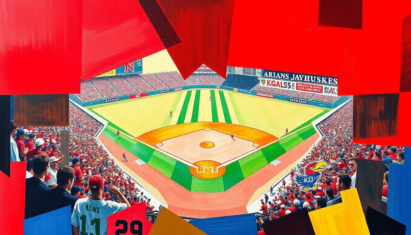 A cubist, geometric painting depicting the dynamic action of a college baseball game, with the players and field fragmented into overlapping planes of vibrant red, blue, and gold colors.