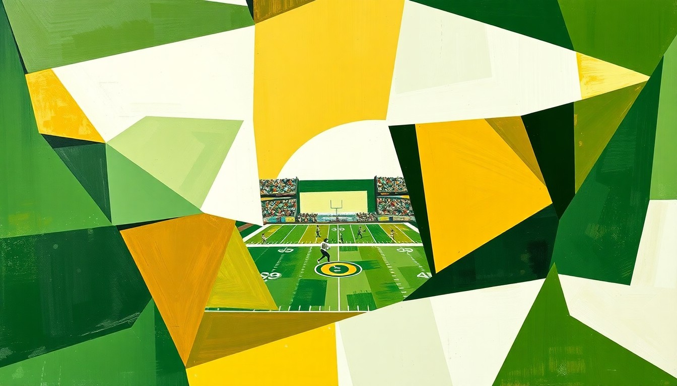 A fragmented, cubist-style painting depicting a college football game, with the players and field broken down into sharp, overlapping geometric shapes and planes of green, gold, and white, conveying the conceptual conflict between a student-athlete and the NCAA.