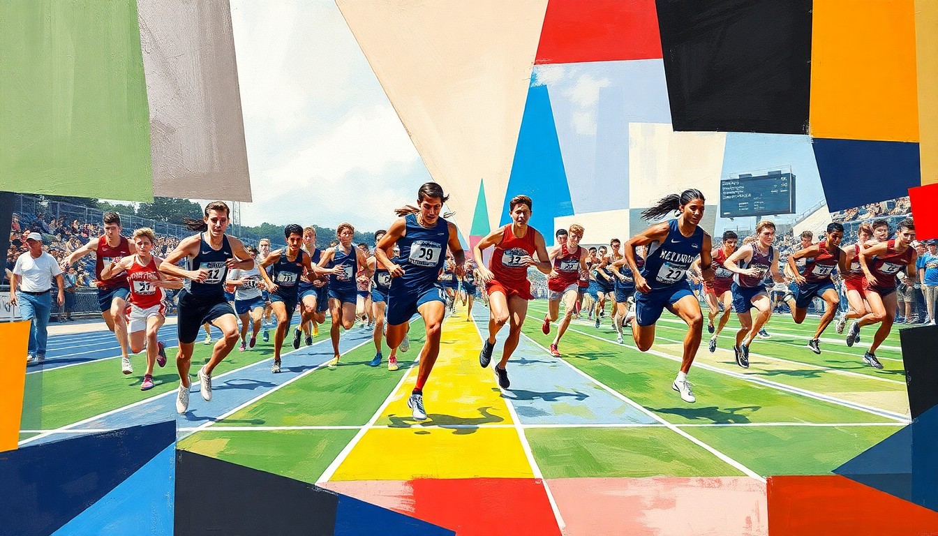 A fragmented, geometric painting depicting high school track and field athletes in motion, with bold splashes of the team colors of Cross County and Fillmore Central, conveying the dynamic energy of the competition.