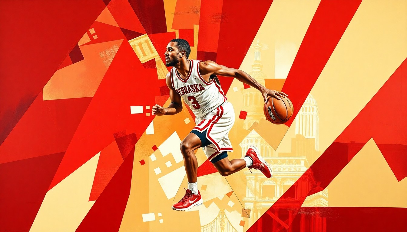 A fragmented, geometric painting depicting a basketball player in motion, with sharp planes of scarlet red and cream representing the Nebraska Cornhuskers team colors.