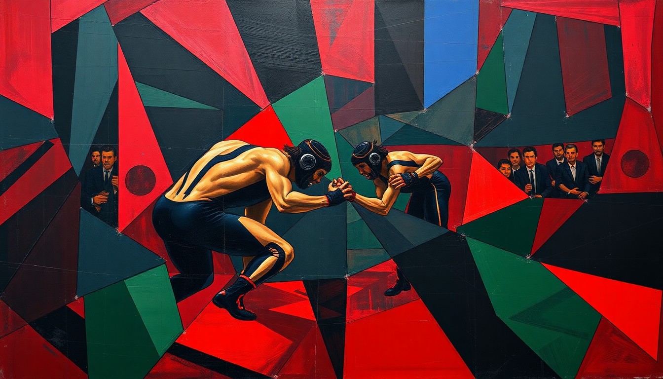 A fractured, abstract painting depicting a wrestling match or competition, with sharp geometric shapes in deep red, navy blue, and forest green overlapping to create a sense of motion and intensity.