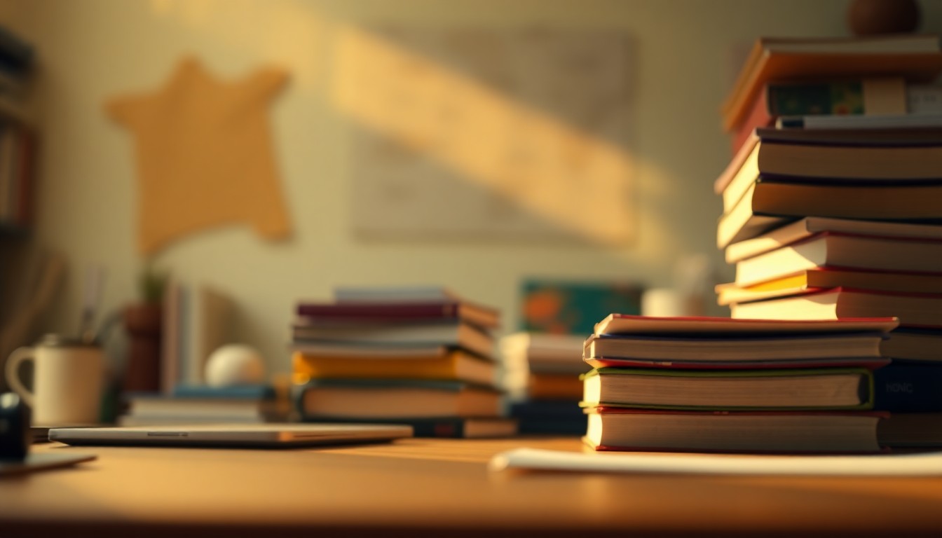 An extremely abstracted, out-of-focus photograph of a college student's desk, with stacks of textbooks and a laptop partially obscured by pools of warm, golden light, conceptually representing the financial challenges of textbook costs for higher education.