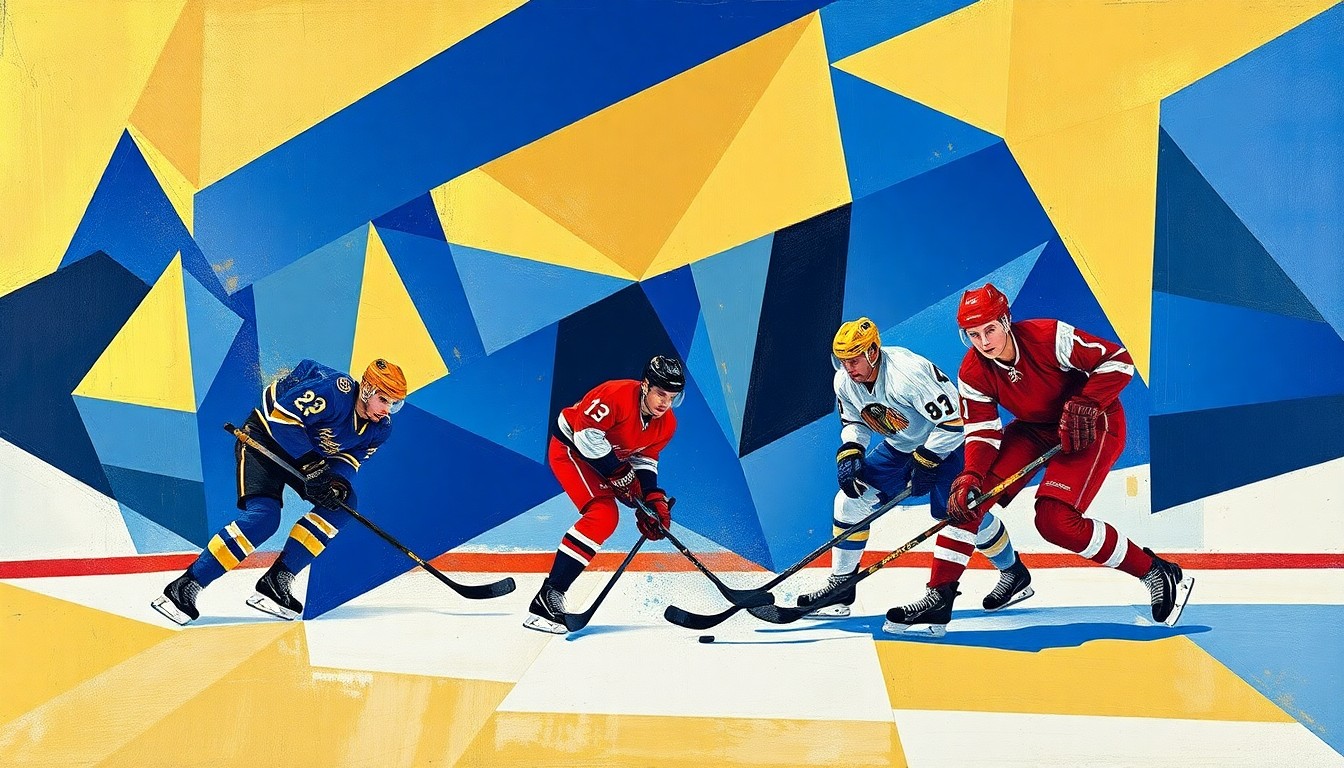 A cubist, geometric painting depicting the dynamic action of a hockey game, with the players' forms broken down into overlapping angular shapes in a palette of royal blue, gold, and crimson.