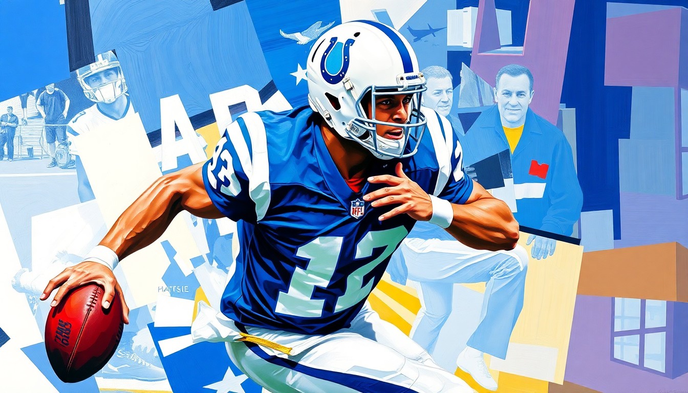A fractured, multi-perspective painting depicting a football player in motion, with sharp, overlapping geometric planes in the Colts' blue and white colors, conceptually representing the team's need to have a backup plan for their star running back.