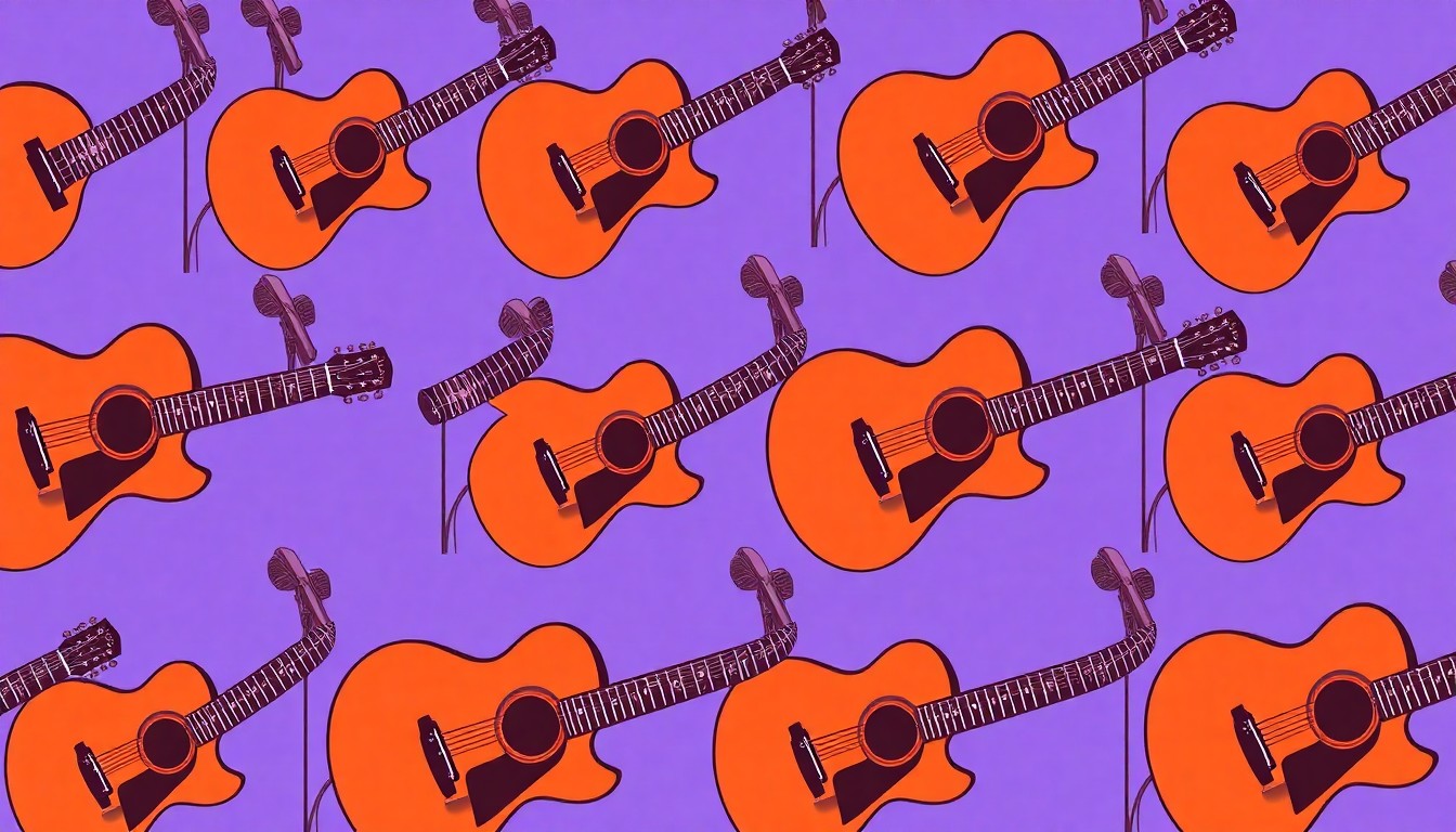 A brightly colored, high-contrast silkscreen print of a microphone and guitar repeated in a tight grid pattern, representing the musical elements of Danny Cosby's ministry work. The image utilizes flat, vibrant, and unnatural neon color palettes overlapping with heavy black photographic outlines to turn the everyday tools of music into modern pop art.