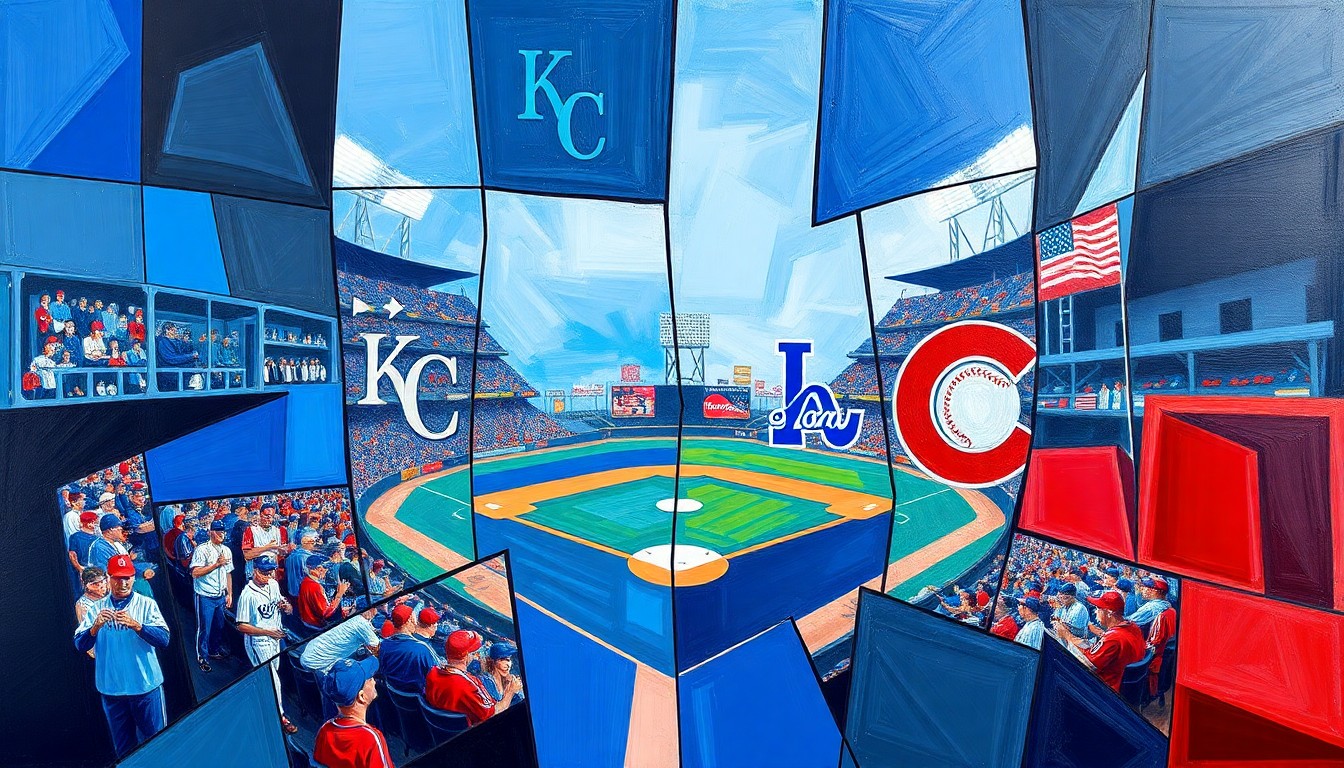 A fragmented, geometric painting depicting a baseball game in progress, with sharp planes of color representing the players, field, and stadium elements in an abstract, deconstructed style.