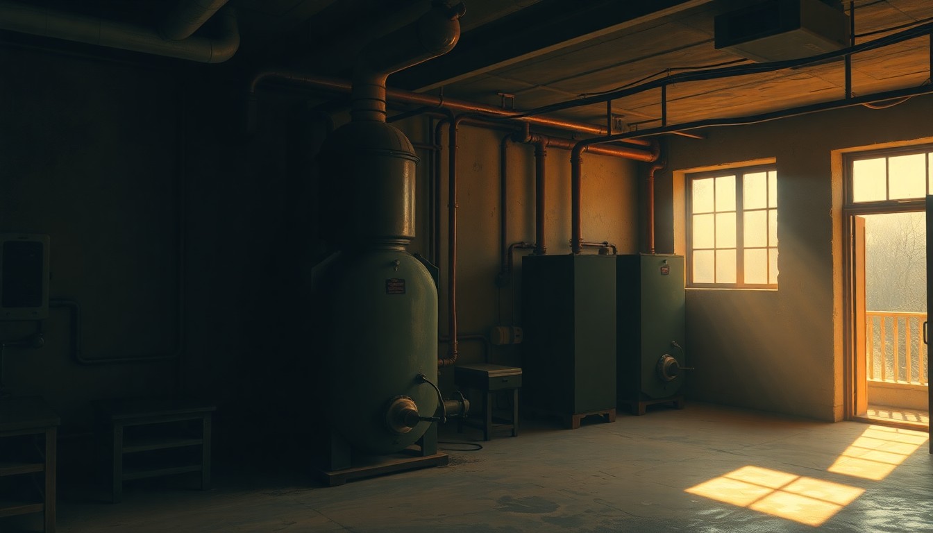 A photorealistic painting of an old, rusted steam boiler system in a dimly lit hospital basement, with warm sunlight streaming in through a window and casting deep shadows across the scene, conveying a sense of quiet, nostalgic melancholy.