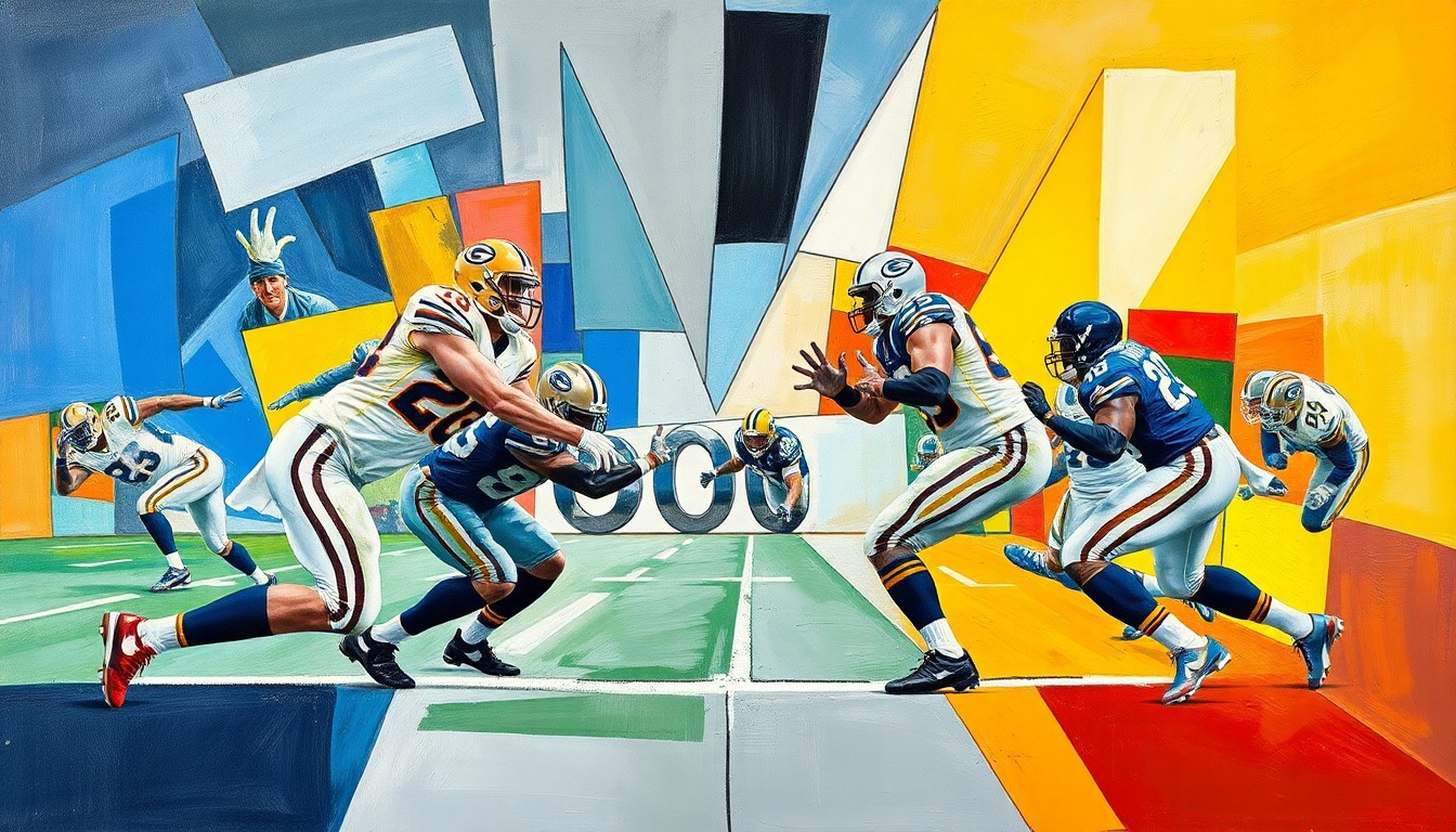 A fragmented, cubist-style painting depicting an offensive line play, with players' bodies and movements broken down into sharp, overlapping geometric shapes and planes in a range of earthy browns, grays, and blues.