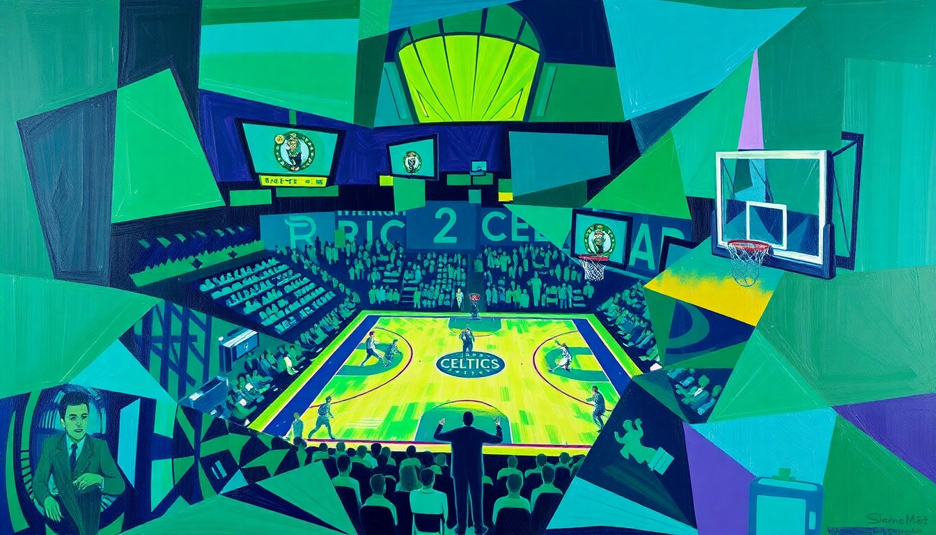 A cubist-style painting depicting fragmented, overlapping geometric shapes in shades of green, blue, and purple, representing the action and energy of a basketball game between the Boston Celtics and Charlotte Hornets.