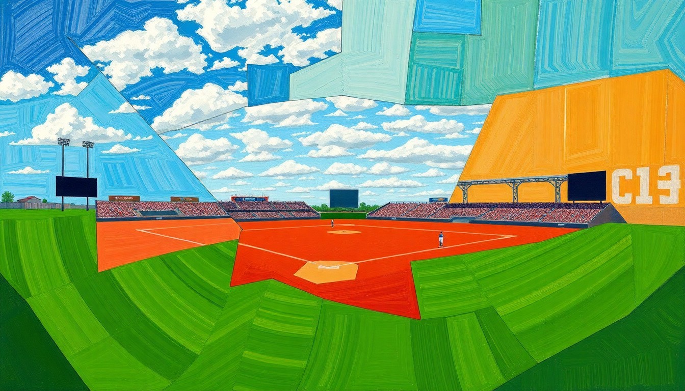 A fragmented, geometric painting depicting the dynamic movements and competing perspectives of a high school baseball game, with overlapping planes of green, brown, and blue hues.