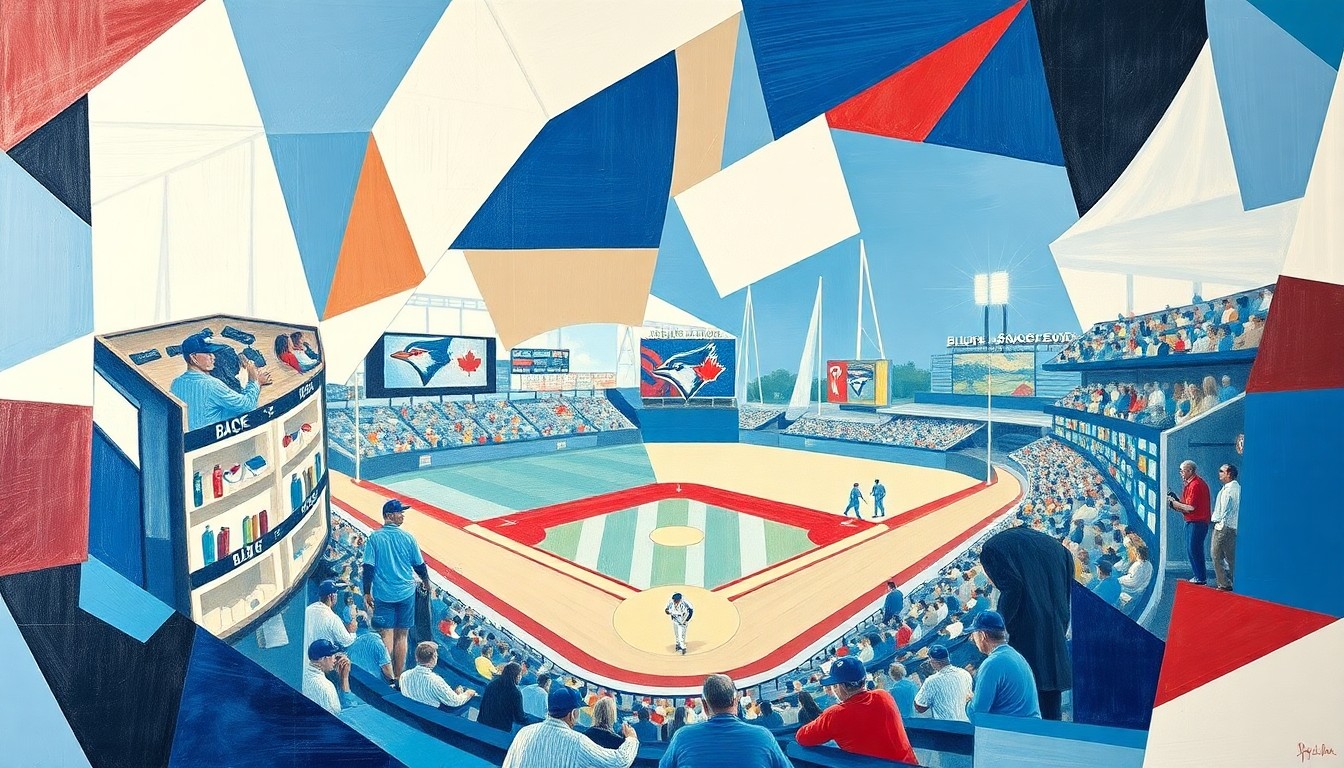 A fragmented, geometric painting depicting a Blue Jays baseball game, with the players and field broken down into sharp, overlapping planes of blue, white, and red, conveying the team's lack of pitching stability.
