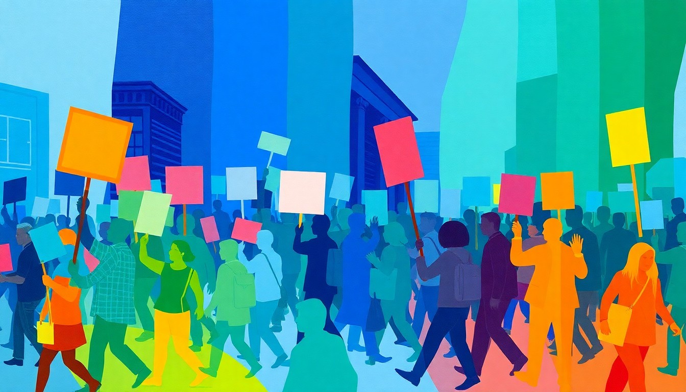 A dynamic, abstract painting of protesters marching with signs, the figures repeated in overlapping geometric patterns of bright blue, green, and orange brushstrokes, conveying the energy and momentum of the demonstration.