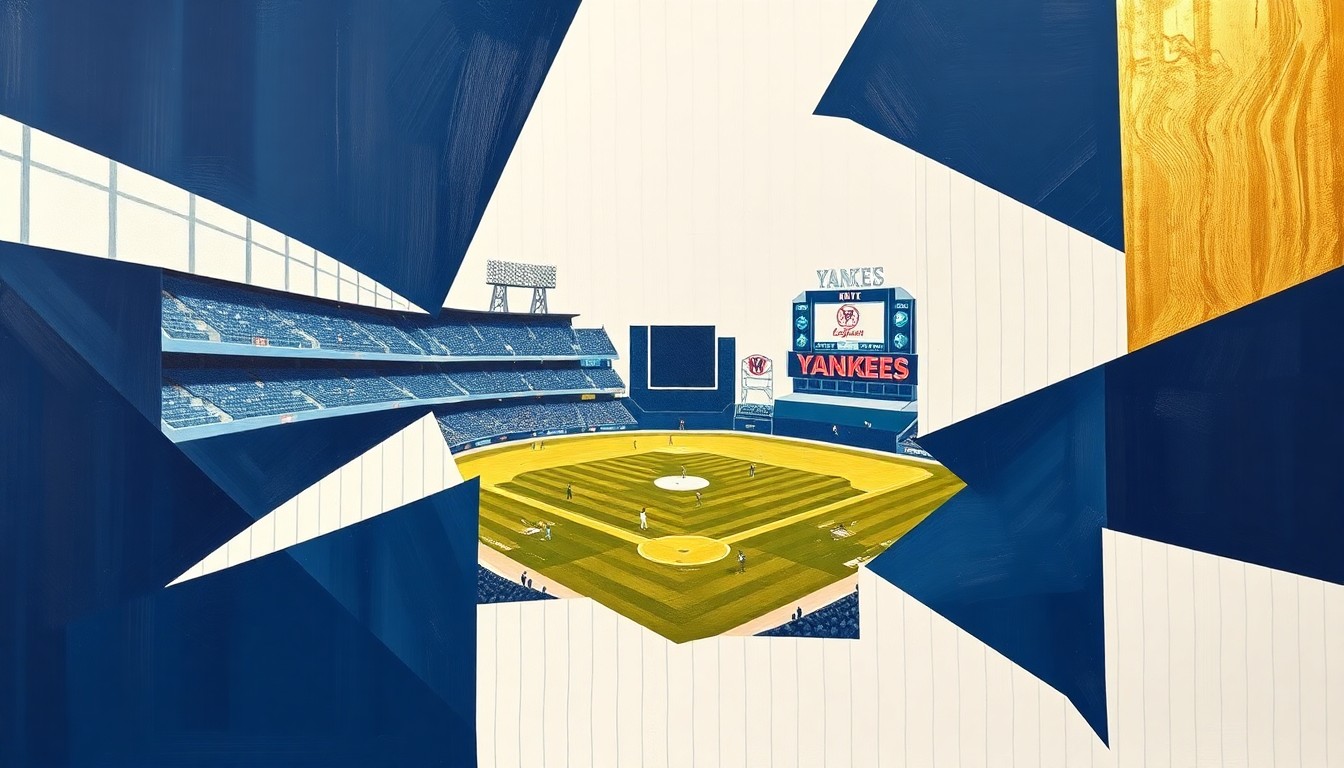 A cubist, geometric painting depicting a fragmented baseball game, with sharp planes of navy, white, and gold representing the action on the field.
