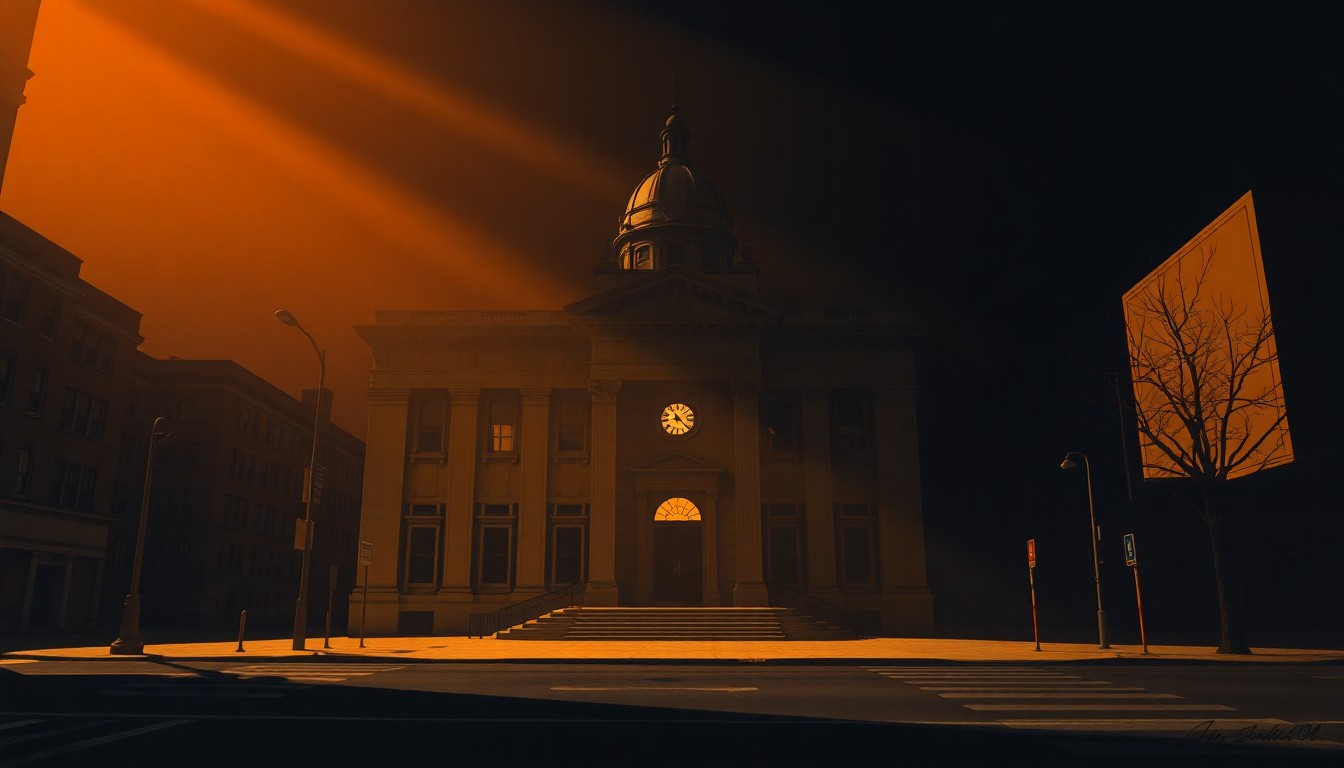 A cinematic painting of Boston City Hall, the city's government headquarters, rendered in warm tones and deep shadows, conceptually representing the financial constraints facing the city.