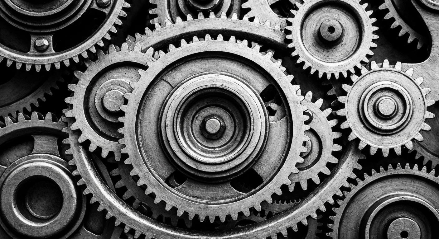 An extreme close-up of meshing metal gears and machinery, representing the complex financial and operational integration of two banking institutions.