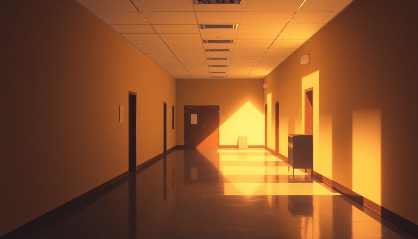 A dimly lit, cinematic painting of an empty school hallway with rows of lockers, the floor and walls bathed in warm, diagonal sunlight and deep shadows, conveying a sense of contemplation and the weight of political decisions around education funding.
