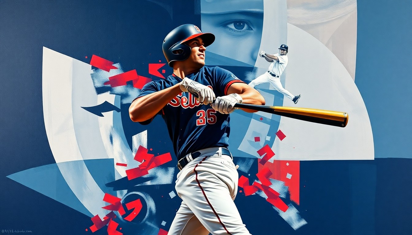A cubist-style painting featuring sharp, overlapping geometric shapes in navy blue, red, and white, representing the motion and energy of a baseball player's swing and gameplay.