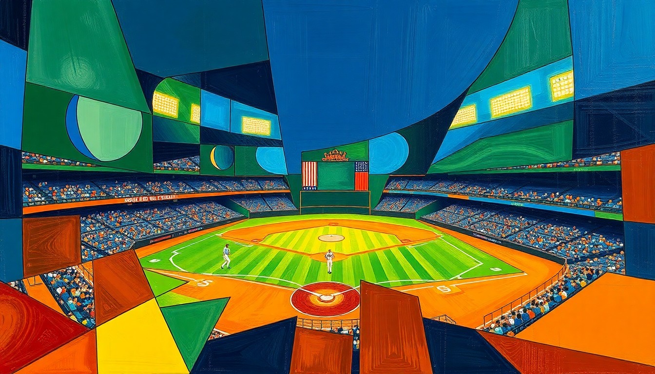 A cubist-style painting depicting a baseball game broken down into overlapping geometric shapes and planes, using a vibrant color palette of navy, green, and orange to capture the dynamic energy of the sport.