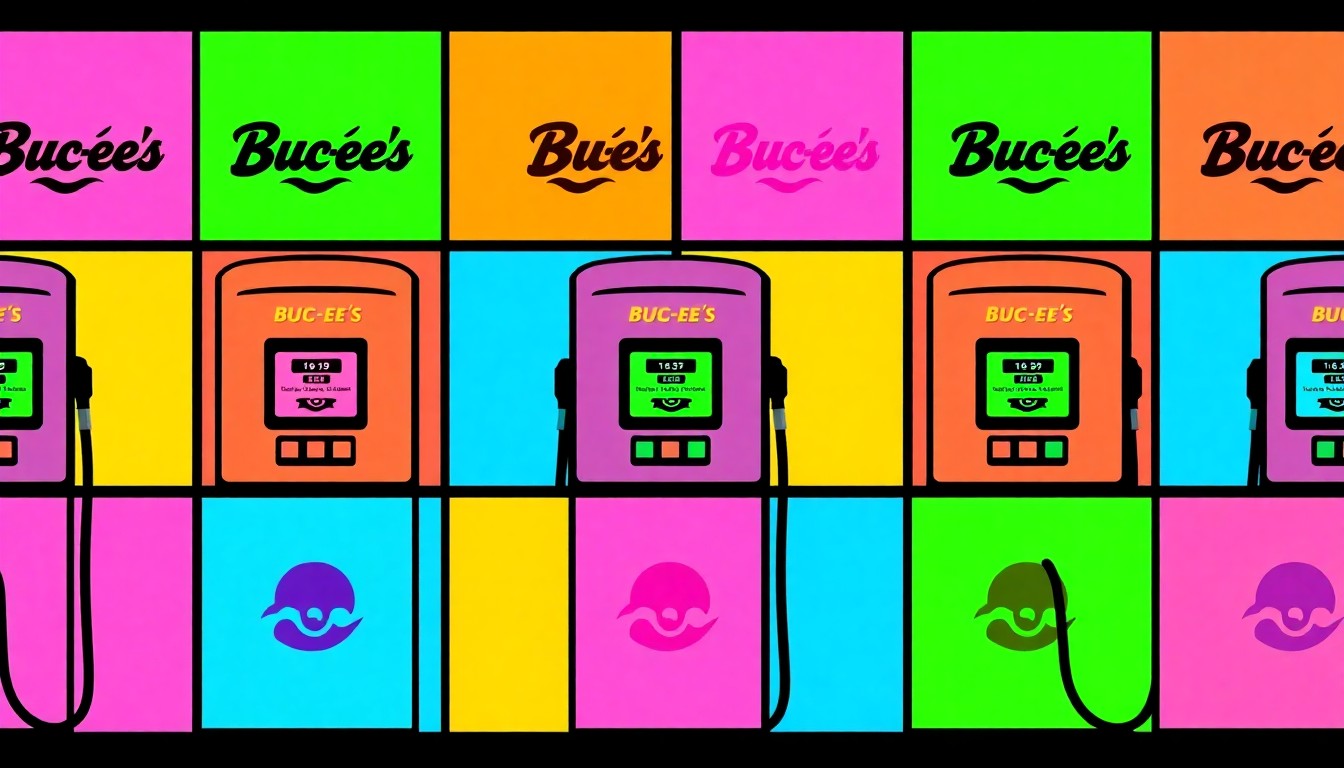 A brightly colored, high-contrast silkscreen print of a single, iconic Buc-ee's gas pump icon repeated in a tight grid pattern, conceptually representing the overwhelming popularity and iconic status of the Buc-ee's brand.