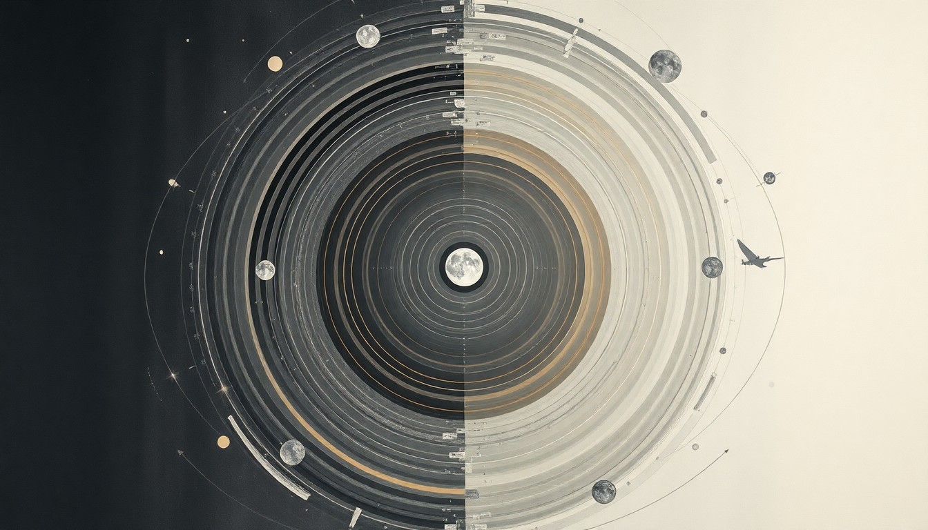 A highly structured abstract painting in soft, flat colors depicting sweeping geometric arcs, concentric planetary circles, and precise orbital spirals, conceptually representing the Artemis II spacecraft's record-breaking journey to the Moon.