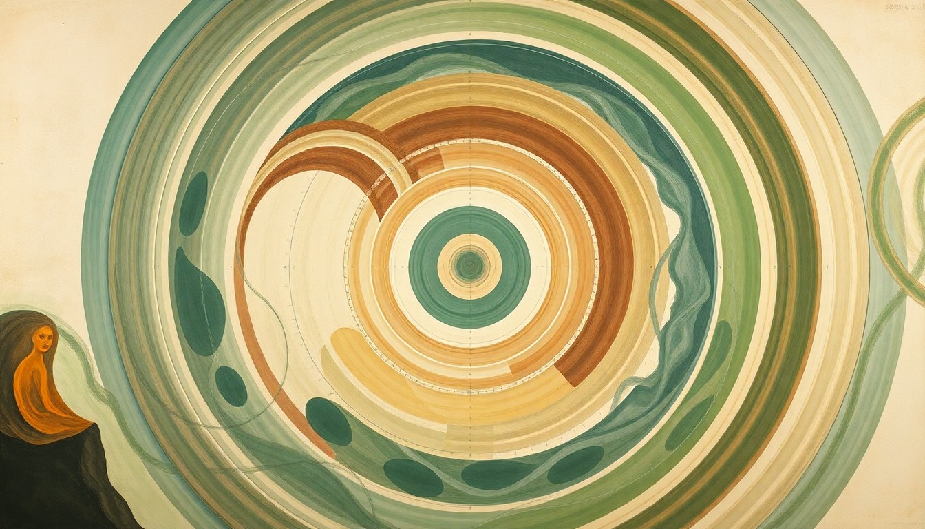 A highly textured, abstract painting in earthy tones of green, brown, and blue, featuring sweeping geometric shapes and precise botanical spirals, conceptually representing the complex scientific forces and processes involved in regenerative medicine and tissue engineering.