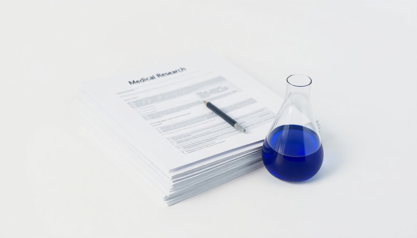 A minimalist studio photograph featuring a stack of medical research papers, a pen, and a glass beaker arranged on a clean, white background, conceptually representing the pursuit of scientific innovation and new therapies in the biotech industry.