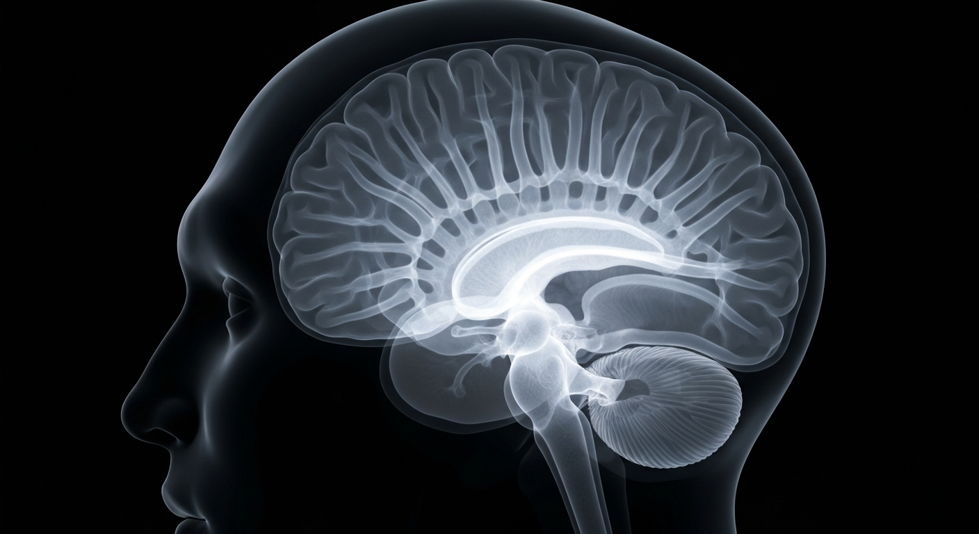 An extreme close-up X-ray image revealing the intricate structure of the human brain, with glowing white lines and shapes against a dark background, conceptually representing the complex mental health impacts of AI chatbots.