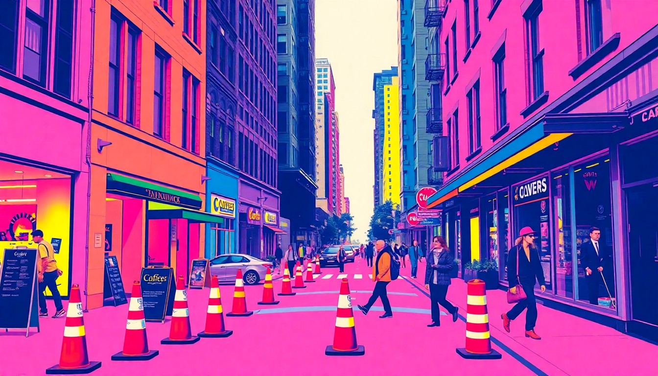 A vibrant, high-contrast silkscreen illustration depicting a busy downtown street scene with construction cones, pedestrians, and a coffee shop, conceptually representing the disruption and renewal of the Project O Street redevelopment.