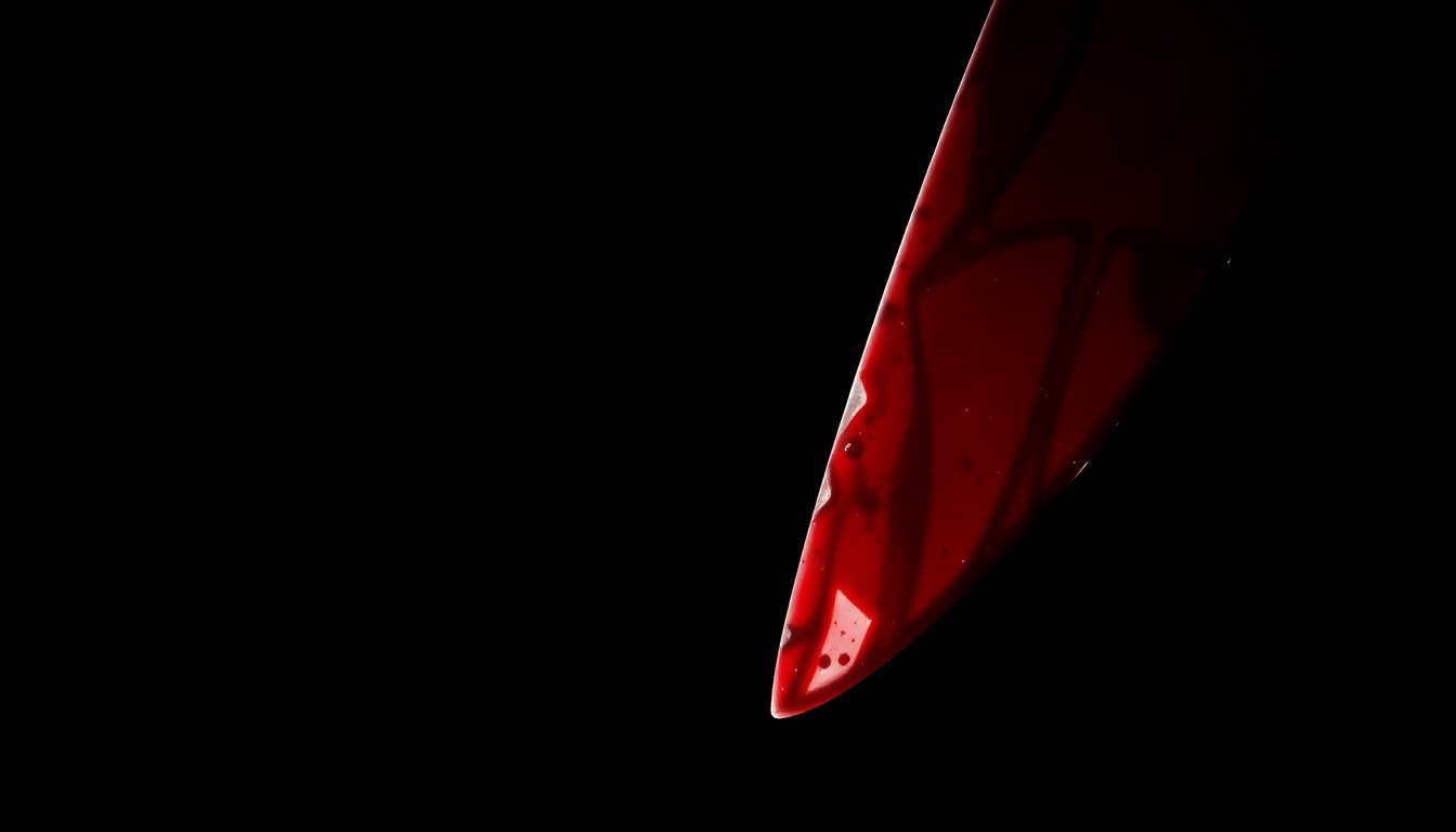 An extreme close-up of a bloody knife blade reflecting a harsh, direct camera flash, conceptually illustrating the violent nature of the stabbing incident at the Motel 6.