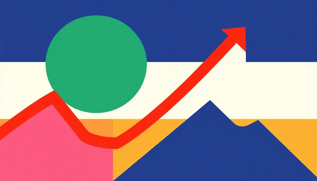 An abstract illustration using bold red and blue triangles and circles to represent the rising cost of borrowing and the persistent challenge of inflation, without any text or identifiable elements.