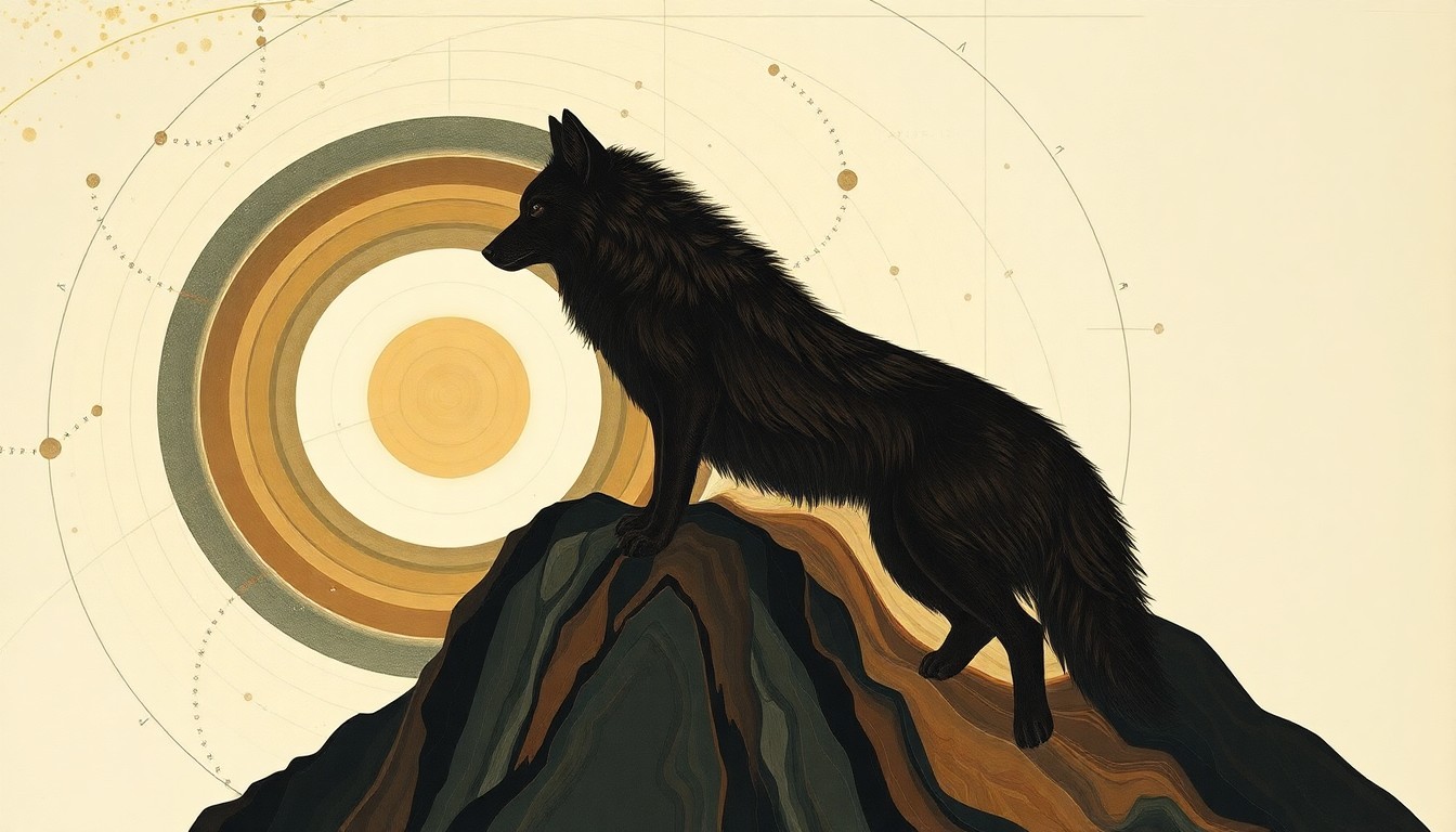 A bold, abstract painting in soft earth tones featuring sweeping geometric arcs, concentric circles, and precise botanical spirals, conceptually representing the complex journey of the pioneering gray wolf BEY03F as she traverses the rugged Sierra Nevada mountains.