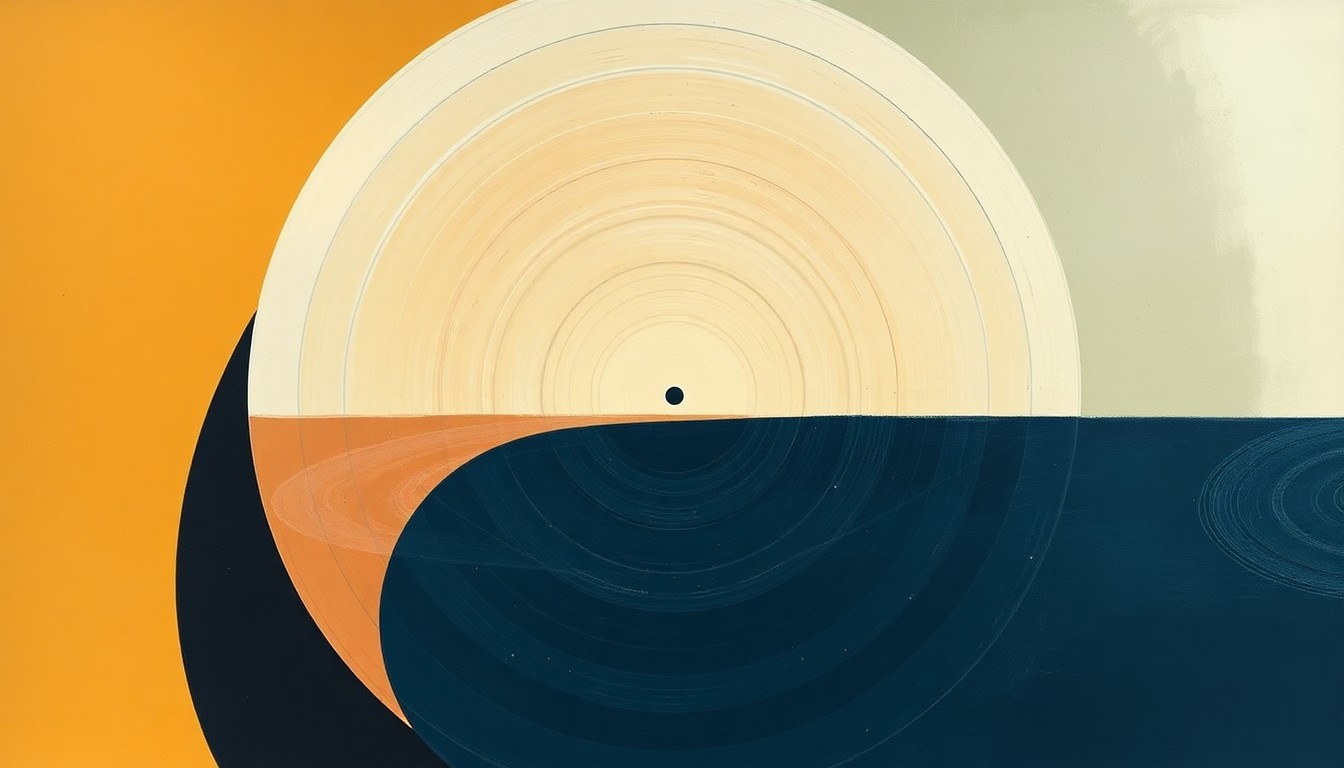 A bold, abstract painting in earthy tones depicting the geometric shapes and waveforms of a spacecraft's atmospheric re-entry, conceptually representing the Artemis II mission's splashdown recovery off the California coast.