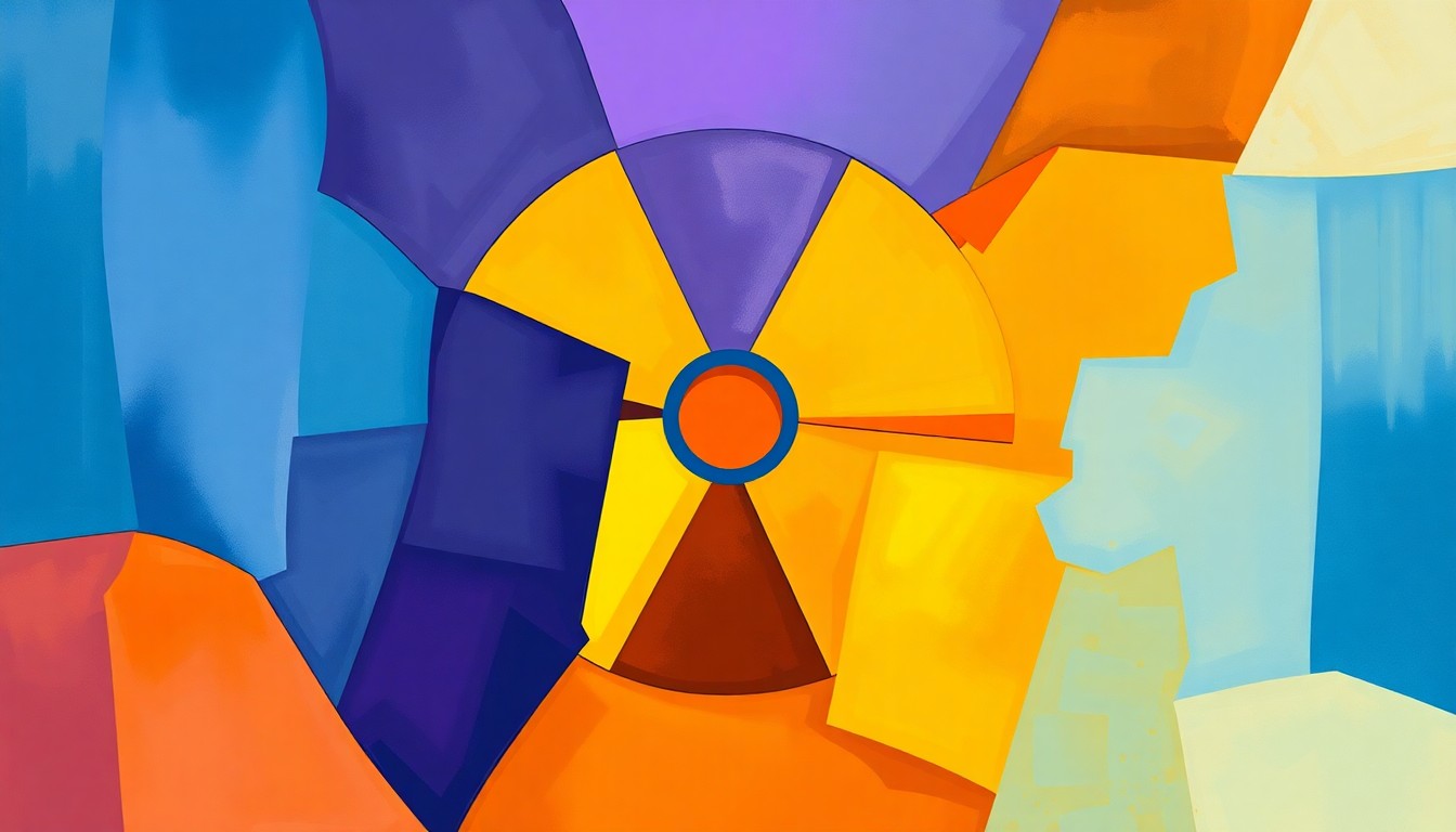 A vibrant, abstract painting with overlapping geometric shapes and waves of blue, purple, and orange, conceptually representing the instability and movement of the nuclear issue.