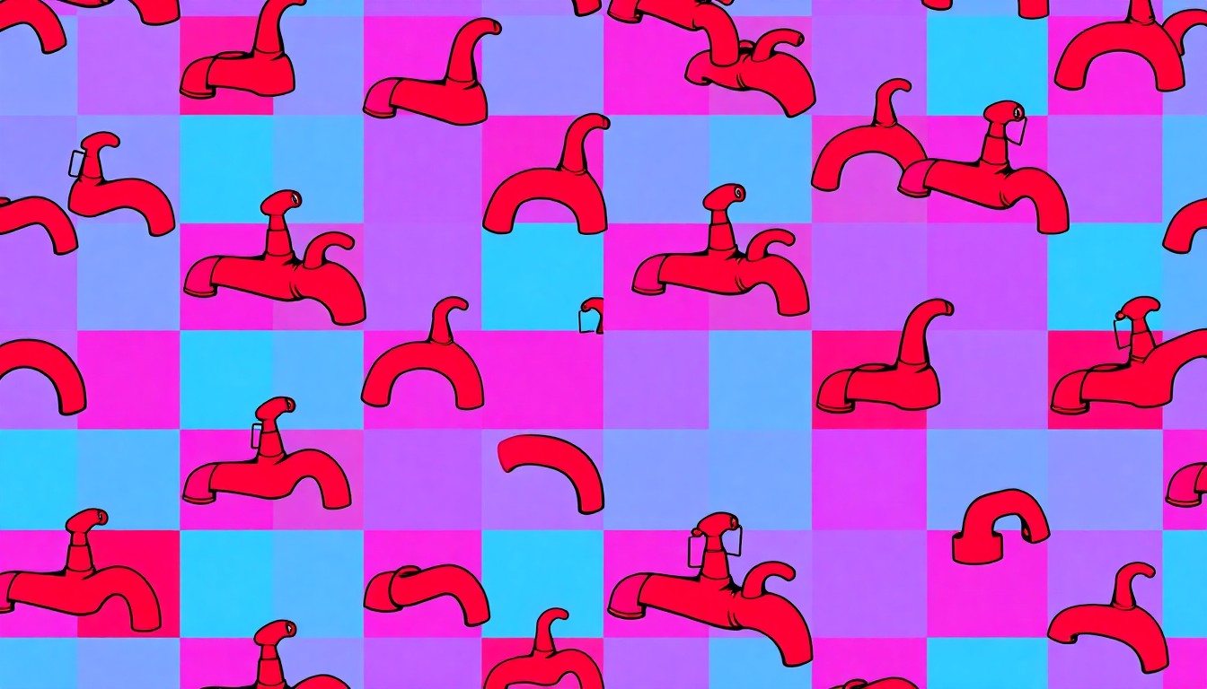 A brightly colored, abstract grid of a kitchen faucet, rendered in a bold, pop art style with vibrant neon hues and heavy black outlines, conceptually representing the expanded design options now available at GBC Kitchen and Bath's showroom.