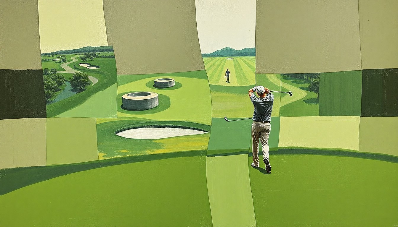 A cubist, geometric painting depicting a fractured, multi-perspective view of a golf course, with muted earth tones of green, brown, and gray, conceptually representing the complex issues surrounding Tiger Woods' recent DUI arrest.