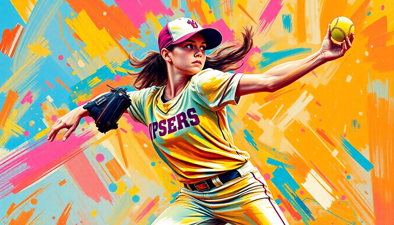 An abstract, energetic painting using bold, neon-like brushstrokes to depict the powerful pitching motion of a high school softball player.