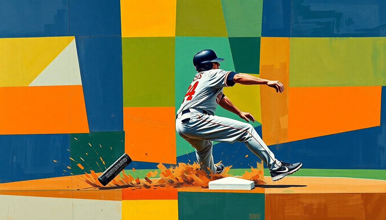 A fragmented, geometric painting in navy, green, and orange hues depicts the chaotic motion of a baseball player sliding into a base, conveying the intensity and unpredictability of the sport.