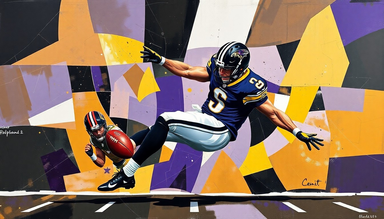 A fragmented, geometric painting depicting the motion of a football punter, using the official colors of the Baltimore Ravens to represent the team's search for a new special teams leader.
