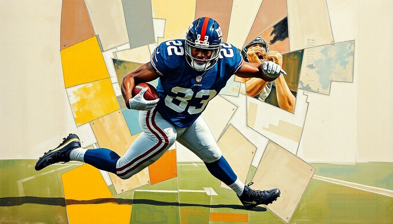A dynamic, fragmented painting depicting a Giants defensive player making a forceful tackle, with the figure broken down into sharp, intersecting geometric shapes and planes in the cubist style.